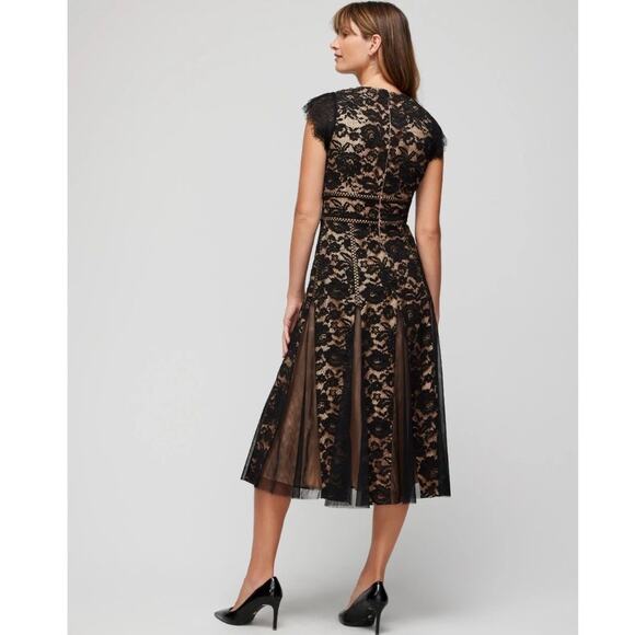 WHBM Black Cap Sleeve All Over Lace Godet Fit & Flare Dress Sz 6 Holiday NWT - Picture 6 of 17